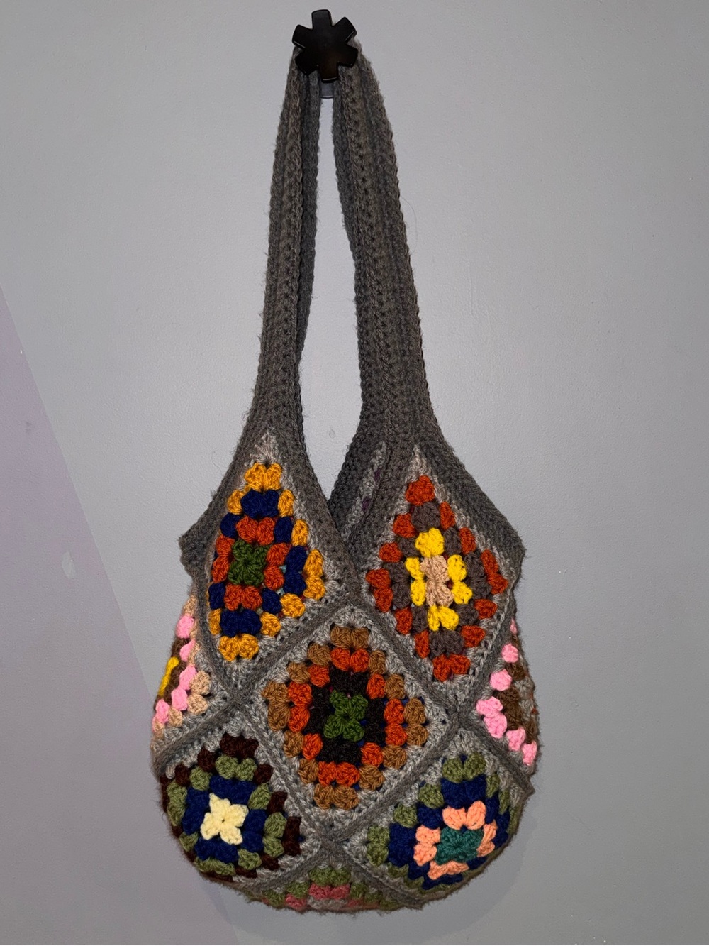 Handcrafted Gray Crochet Shoulder Bag with Multicolor Squares
